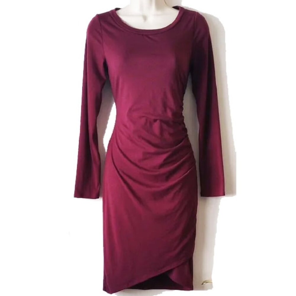 Vici Ruched Rayon Jersey Tulip Hem Dress S Wine Purple